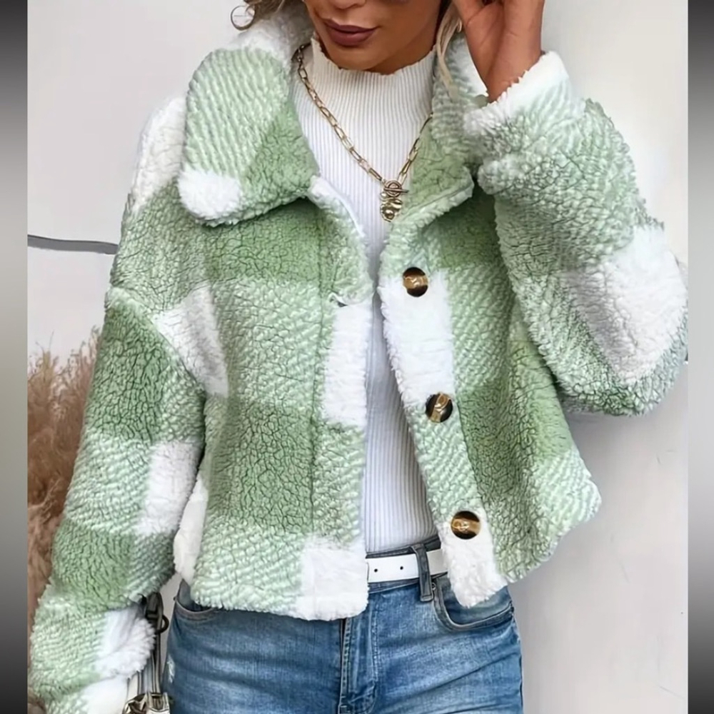 Cropped Teddy Fleece Jacket Green White Plaid Women's XXL 14 NWT - Picture 5 of 6